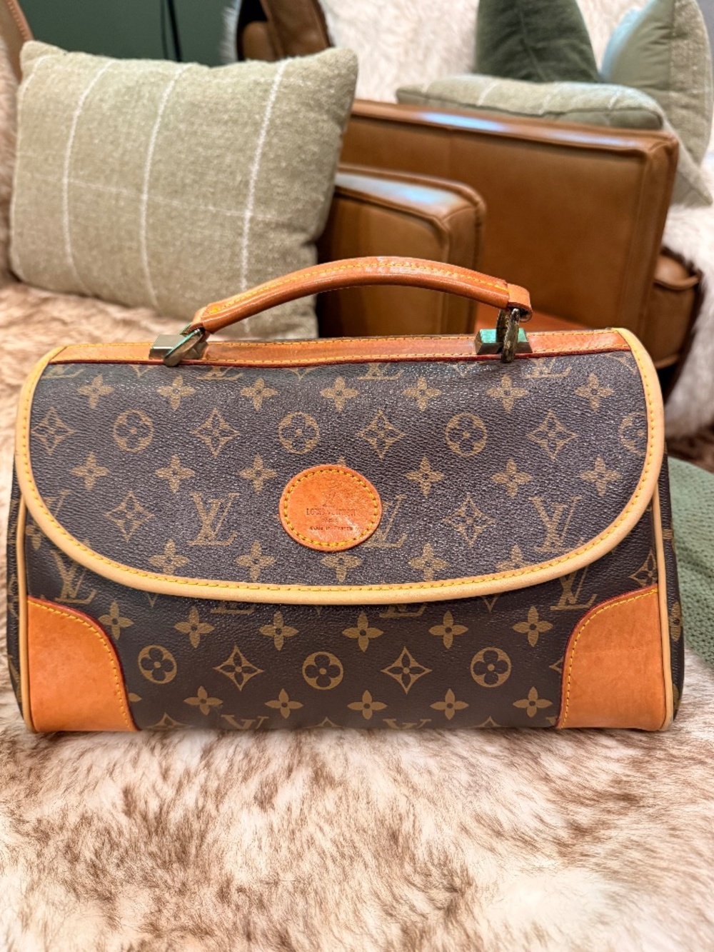 Louis Vuitton Monogram Brown Top Handle Satchel Bag with Logo & Gold Hardware